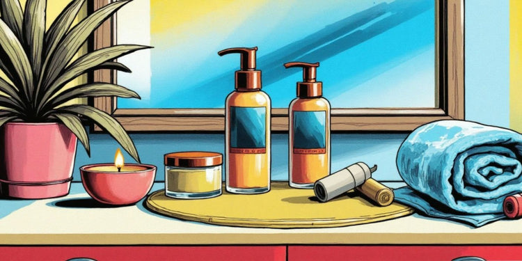 Pop art-style spa vanity with skincare jar, towel, candle, and plant in soothing neutral tones.