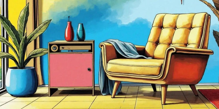 Pop art image of a Mid-century modern chair with a cozy throw, plants and retro flair.