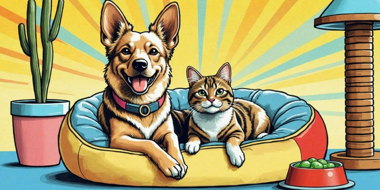 Playful dog and cat lying on a pet bed in colorful pop art style.