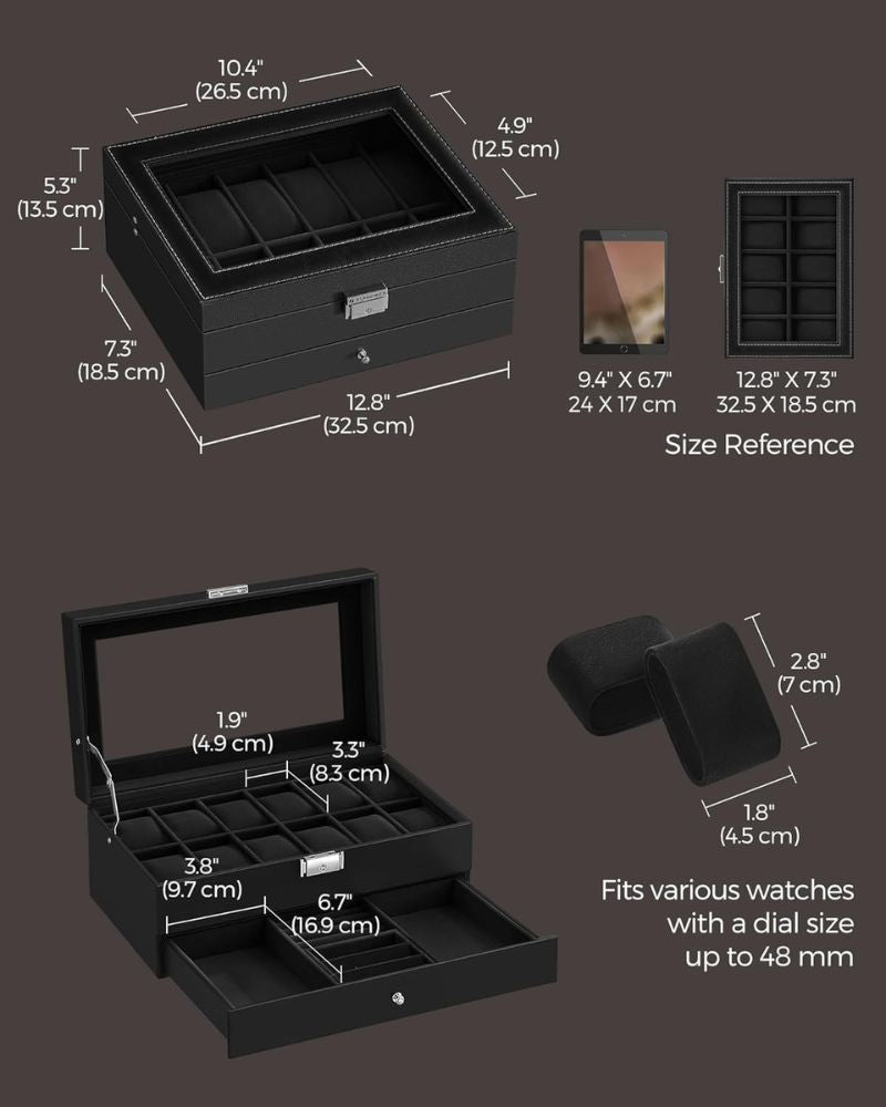 12-Slot Watch Box Organizer with Glass Lid & Lock – 2-Layer Storage