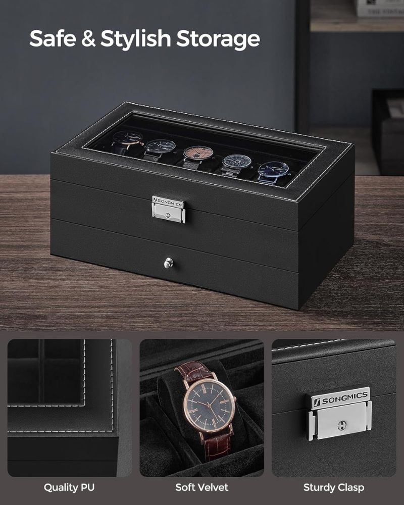 12-Slot Watch Box Organizer with Glass Lid & Lock – 2-Layer Storage