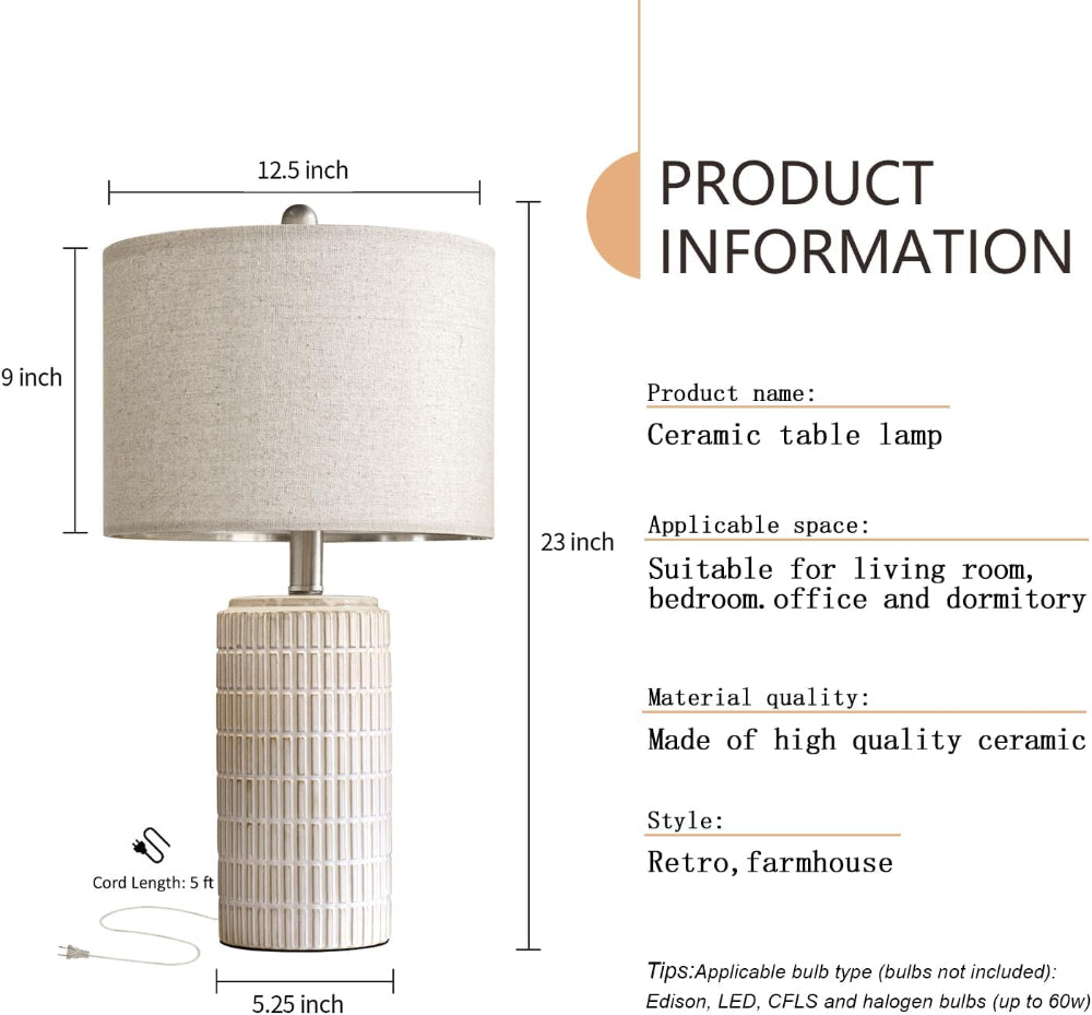 Ceramic Table Lamp Set of 2 – Farmhouse Nightstand & Desk Lighting