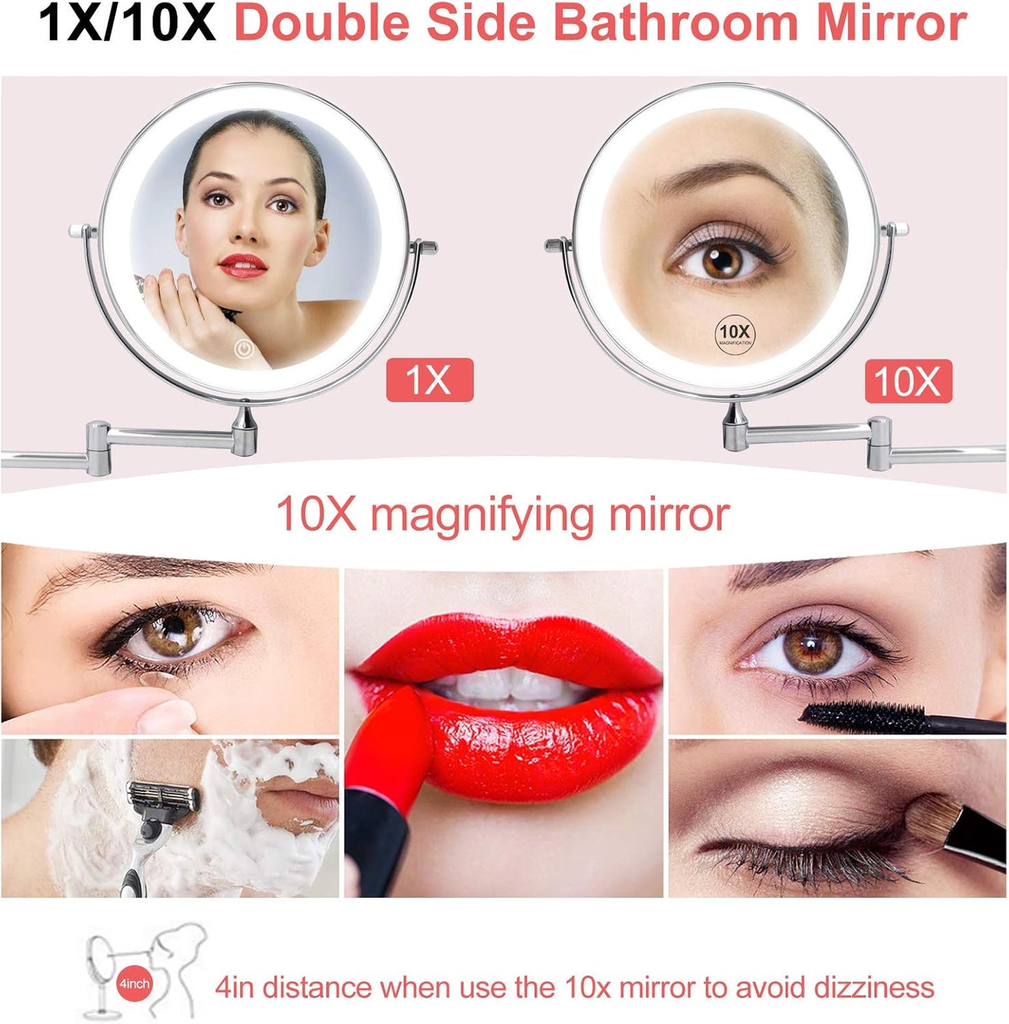 Rechargeable Wall-Mounted Makeup Mirror with Light – 1X/10X Magnification