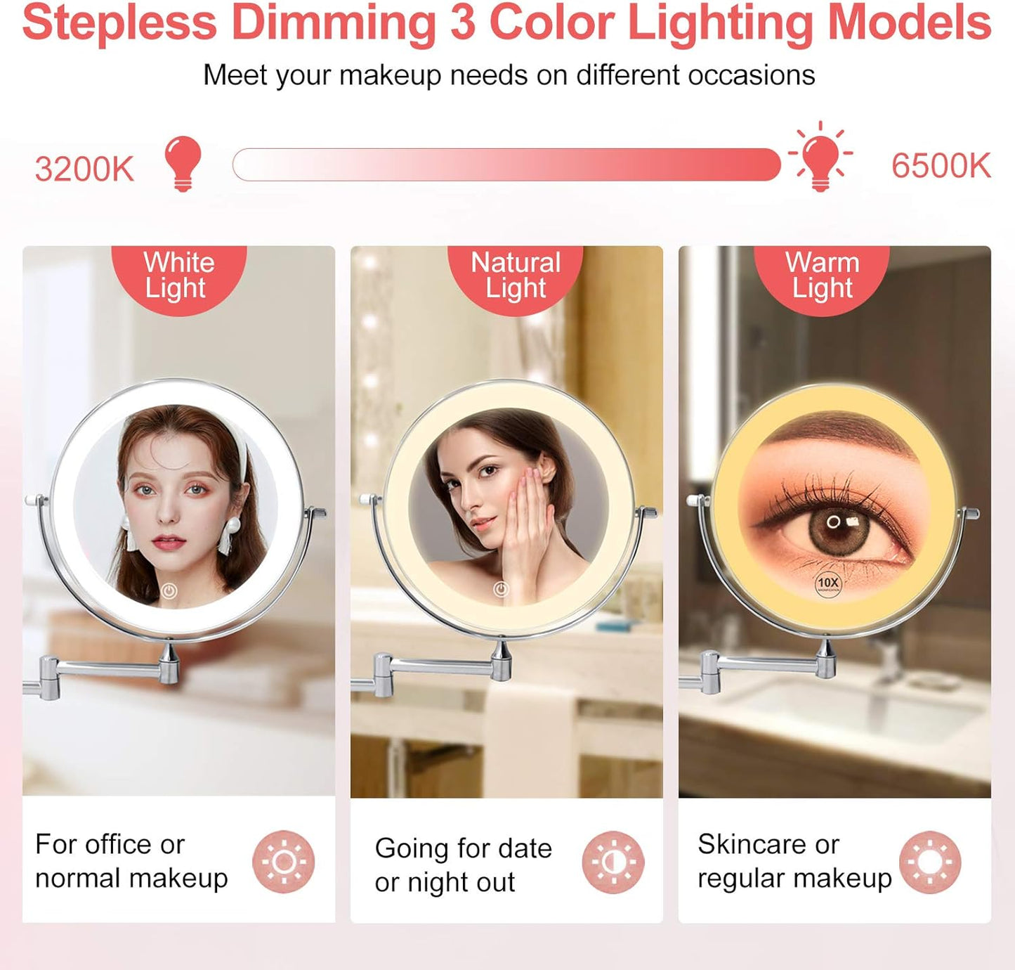 Rechargeable Wall-Mounted Makeup Mirror with Light – 1X/10X Magnification