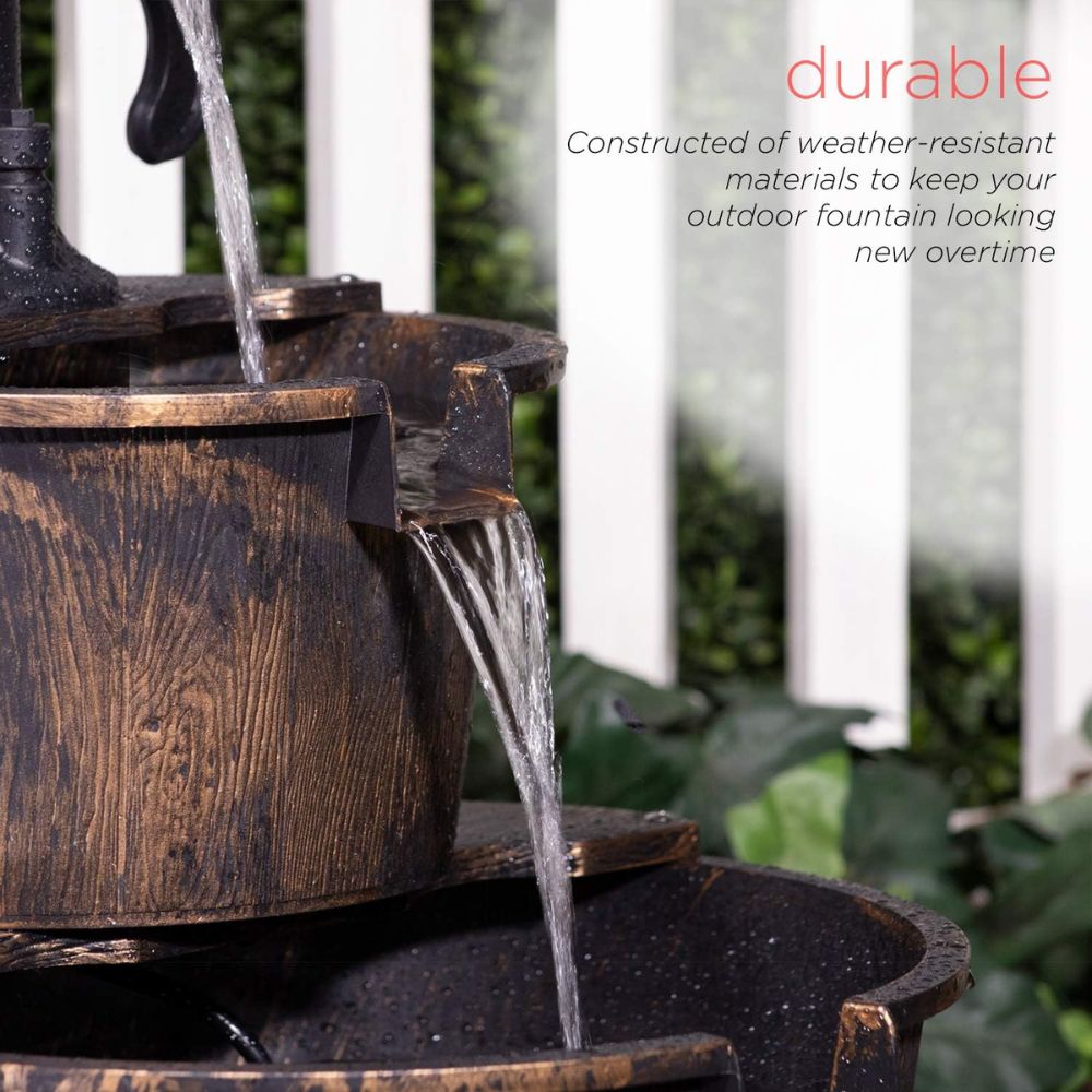 27" Rustic Outdoor Water Fountain – 2-Tier Barrel Pump Design, Bronze Finish