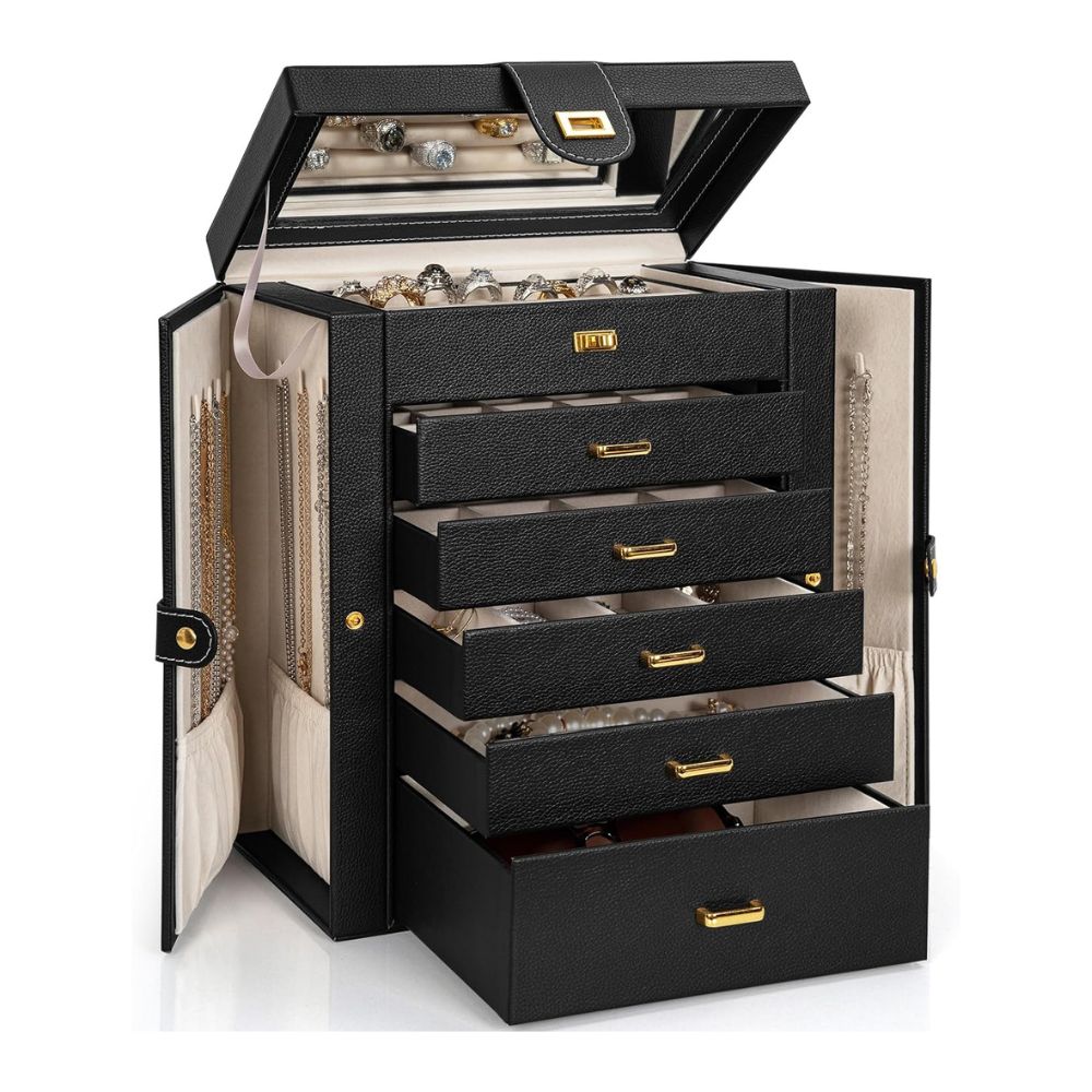 Elegant Black Faux Leather Jewelry Box – 6-Layer Organizer with Mirror & Hooks