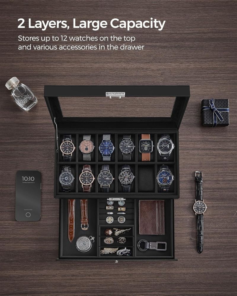 12-Slot Watch Box Organizer with Glass Lid & Lock – 2-Layer Storage