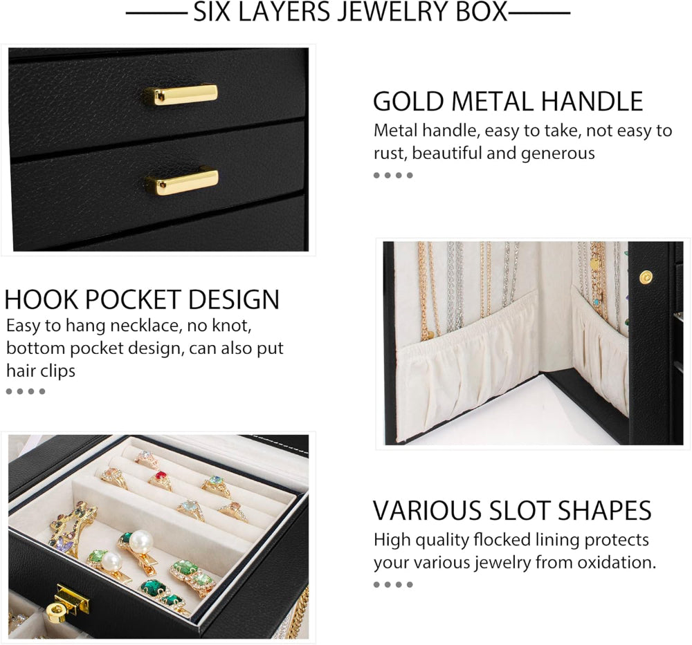 Jewelry Box Organizer with Mirror - 5+1 Drawers, Faux Leather