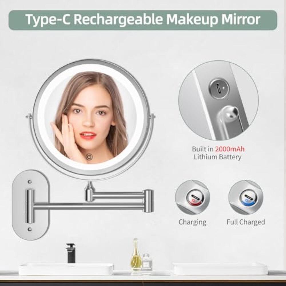 Rechargeable 8" Wall-Mounted Lighted Makeup Mirror 1X/10X