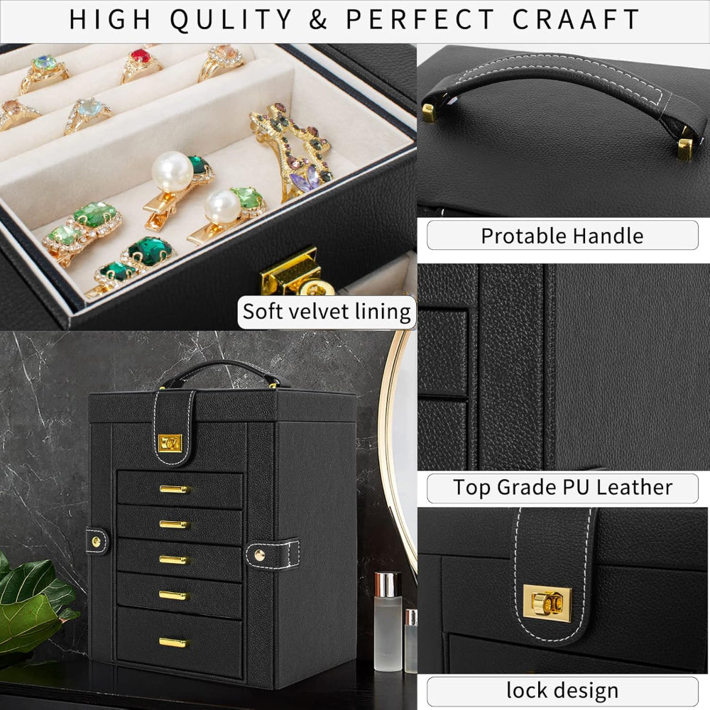 Jewelry Box Organizer with Mirror - 5+1 Drawers, Faux Leather