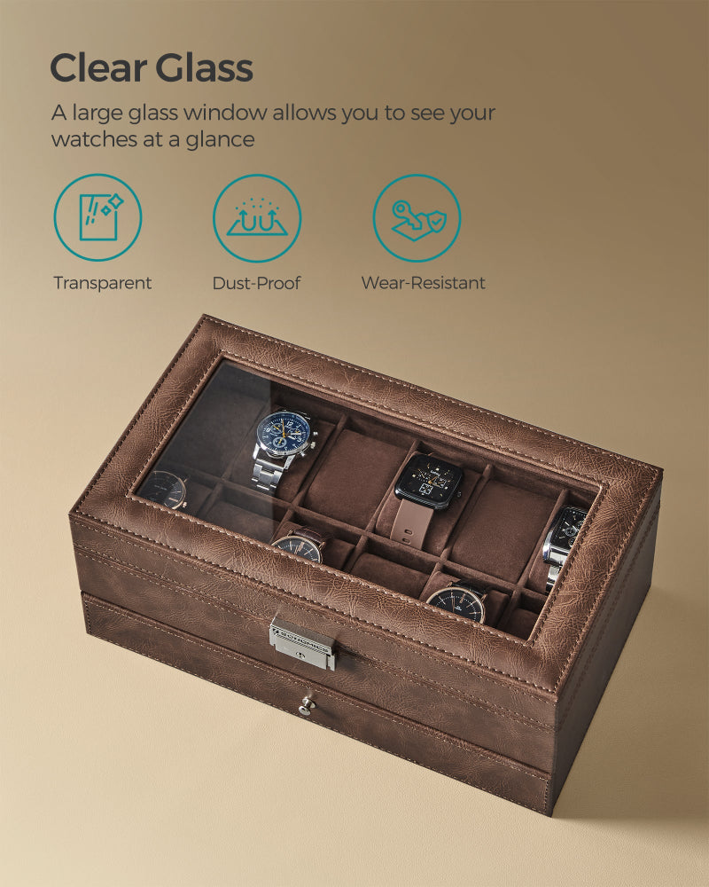 Watch Box Organizer: 12-Slot Lockable Case with Glass Lid