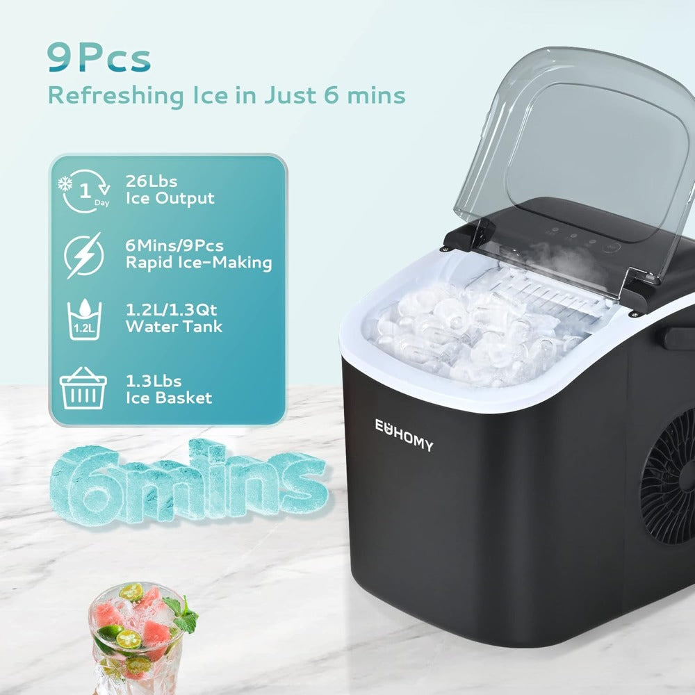 Countertop Ice Maker 26lbs in 24Hrs - Fast 6 Min Cubes, Portable Auto-Clean