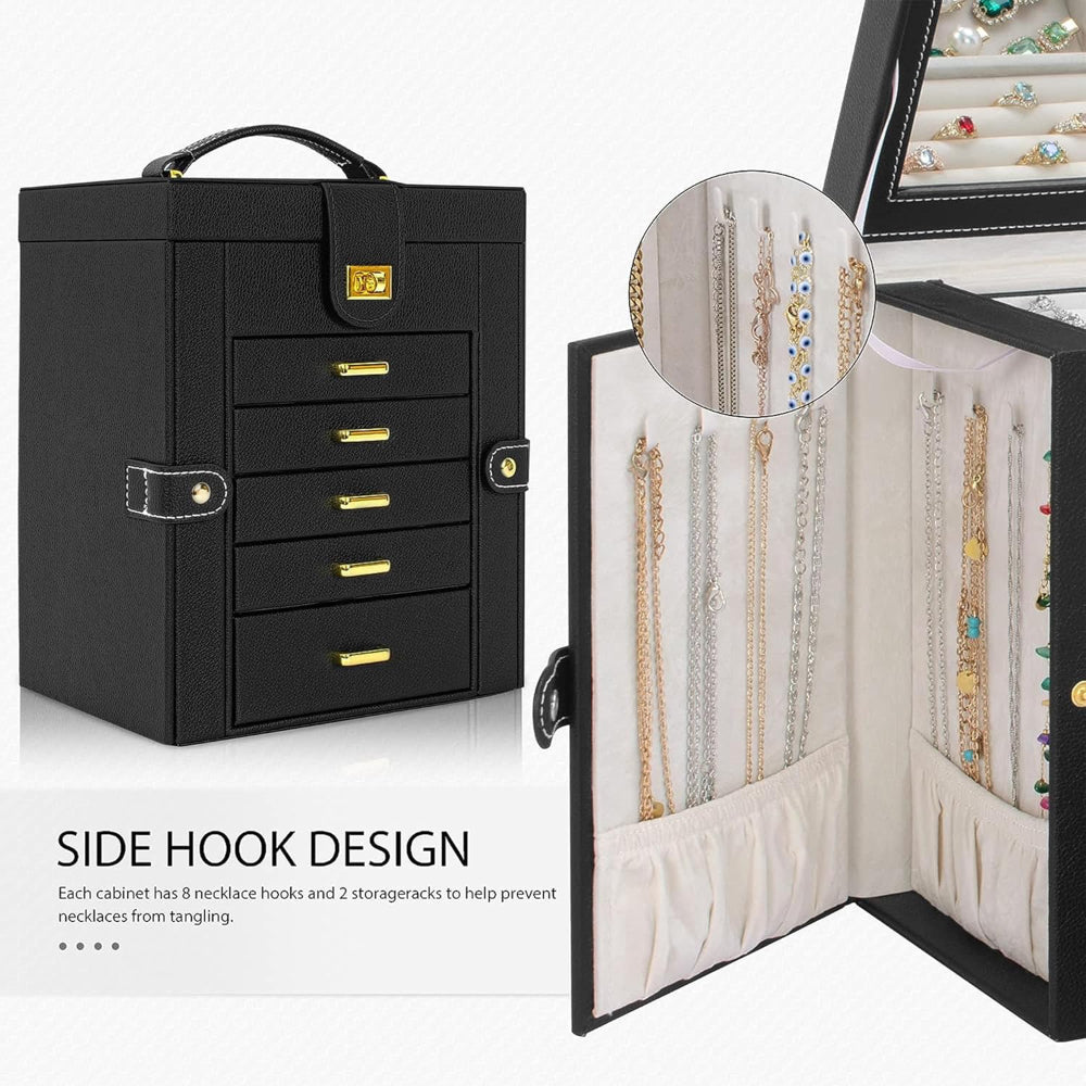Jewelry Box Organizer with Mirror - 5+1 Drawers, Faux Leather