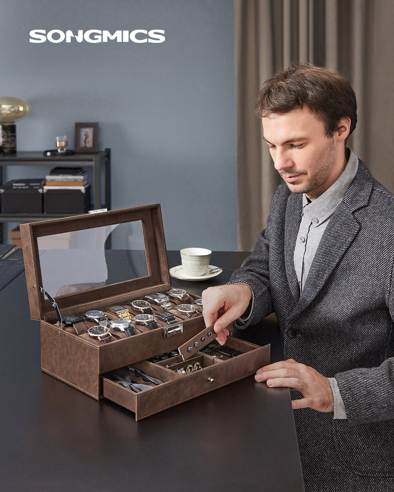 Watch Box Organizer: 12-Slot Lockable Case with Glass Lid
