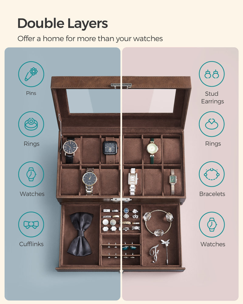 Watch Box Organizer: 12-Slot Lockable Case with Glass Lid