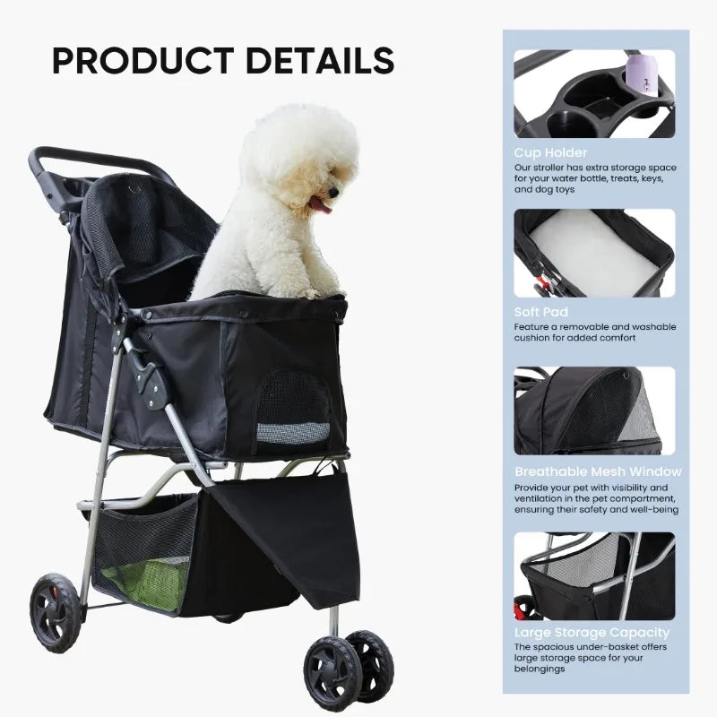 Dog Stroller with Storage & Cup Holder - Foldable & Portable