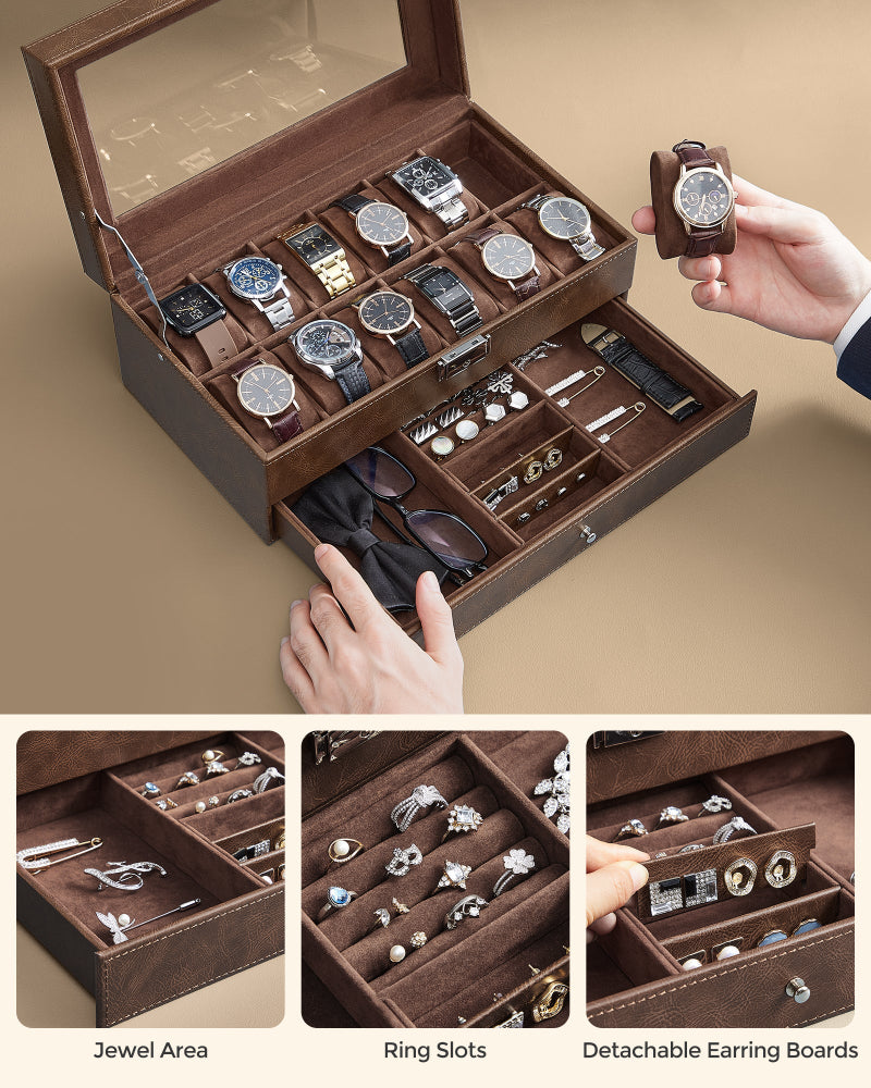 Watch Box Organizer: 12-Slot Lockable Case with Glass Lid