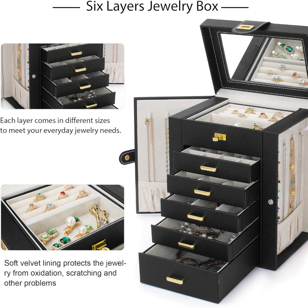 Jewelry Box Organizer with Mirror - 5+1 Drawers, Faux Leather
