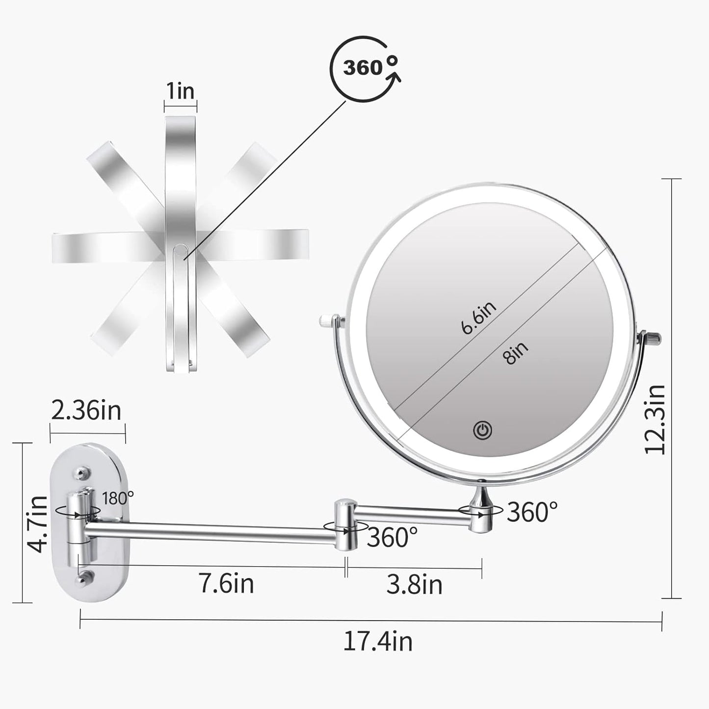 Rechargeable Wall-Mounted Makeup Mirror with Light – 1X/10X Magnification