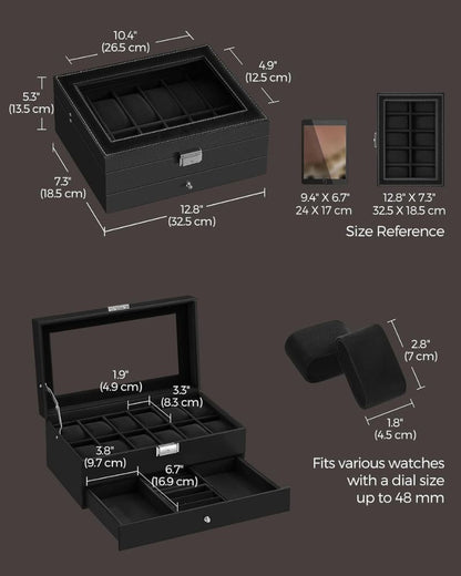 12-Slot Watch Box Organizer with Glass Lid & Lock – 2-Layer Storage