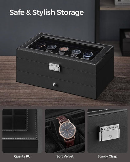 12-Slot Watch Box Organizer with Glass Lid & Lock – 2-Layer Storage