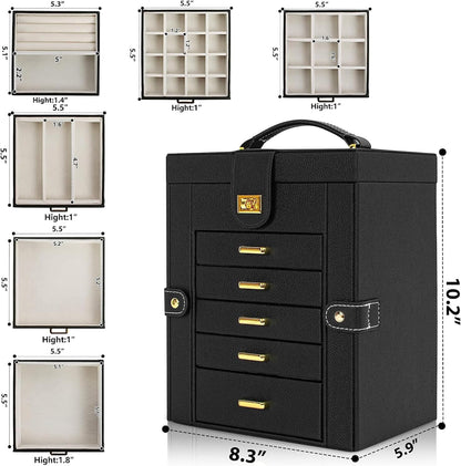 Elegant Black Faux Leather Jewelry Box – 6-Layer Organizer with Mirror & Hooks