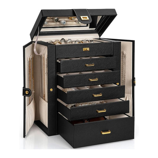 Elegant Black Faux Leather Jewelry Box – 6-Layer Organizer with Mirror & Hooks