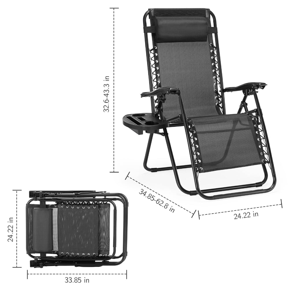 Set of 2 Zero Gravity Recliner Chairs - Portable, Adjustable, Durable with Pillows and Cup Holder Trays 
