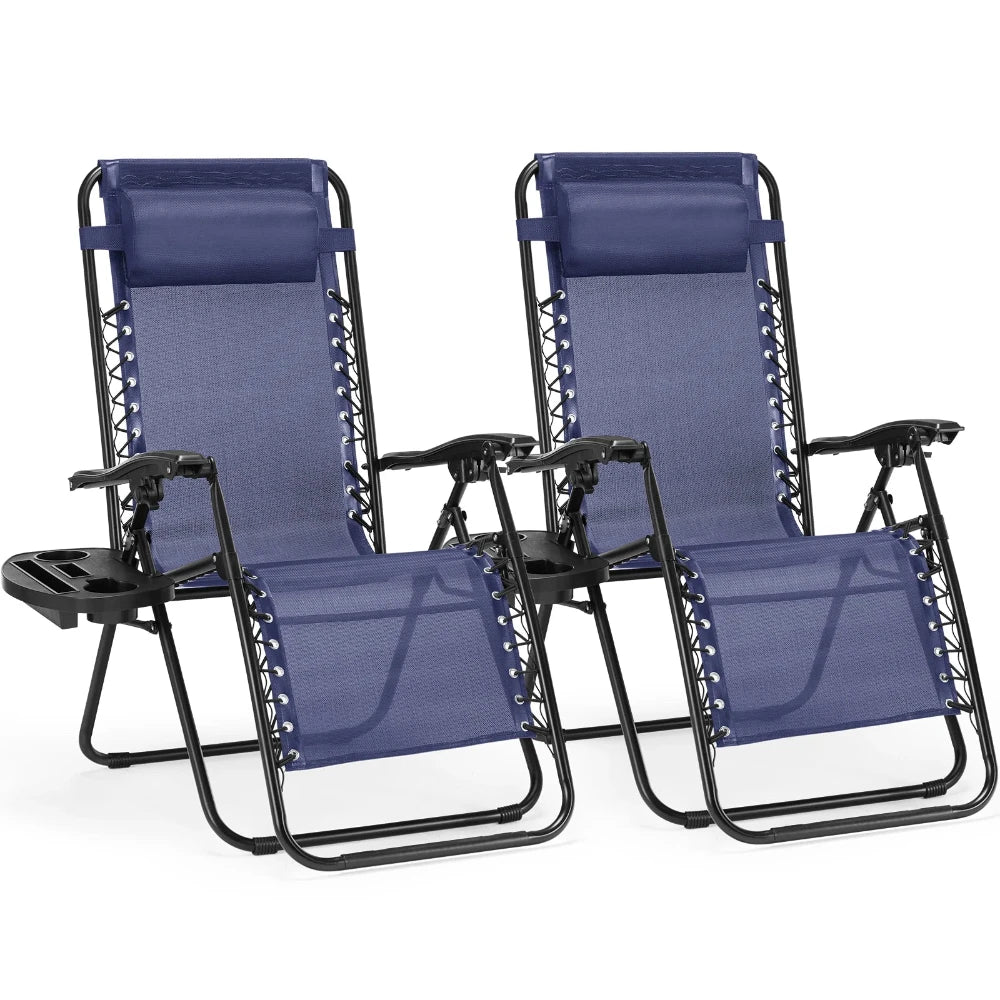 Set of 2 Zero Gravity Recliner Chairs - Portable, Adjustable, Durable with Pillows and Cup Holder Trays 