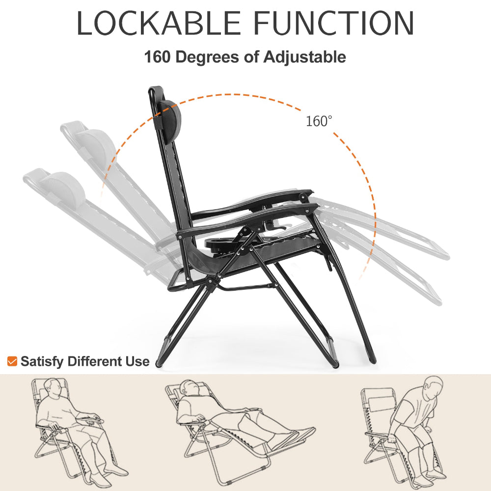 Set of 2 Zero Gravity Recliner Chairs - Portable, Adjustable, Durable with Pillows and Cup Holder Trays 