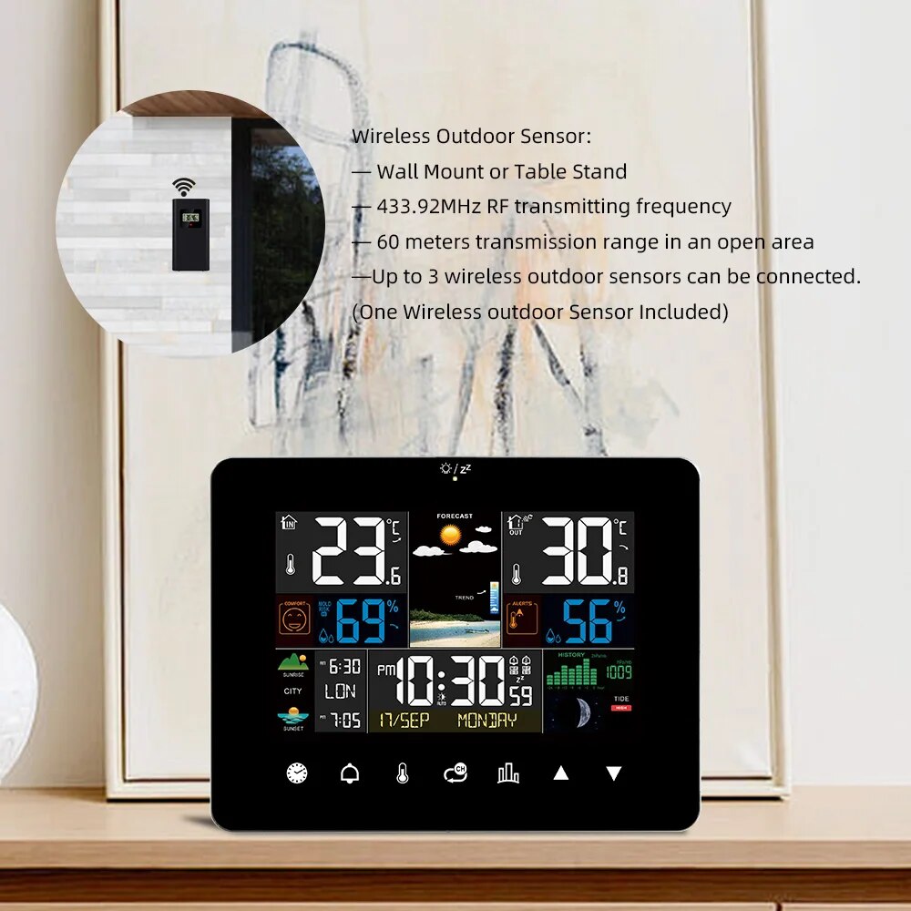 Weather Station Alarm Clock Thermometer Hygrometer Touch Screen Wireless Sensor 