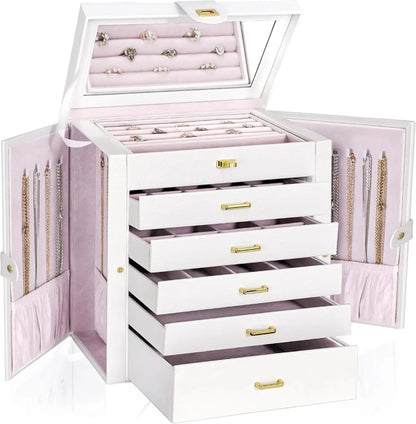 Jewelry Box Organizer with Mirror - 5+1 Drawers, Faux Leather