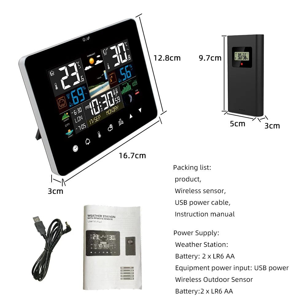 Weather Station Alarm Clock Thermometer Hygrometer Touch Screen Wireless Sensor 