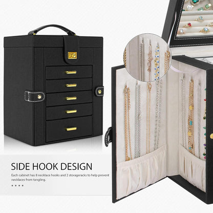 Jewelry Box Organizer with Mirror - 5+1 Drawers, Faux Leather