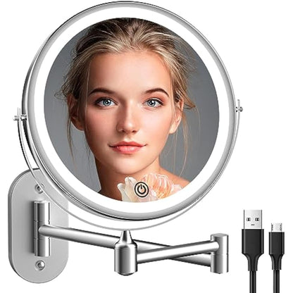 Rechargeable 8" Wall-Mounted Lighted Makeup Mirror 1X/10X