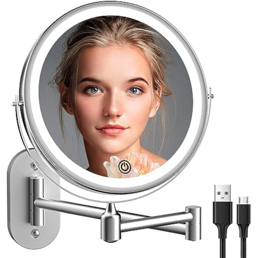 Rechargeable 8" Wall-Mounted Lighted Makeup Mirror 1X/10X