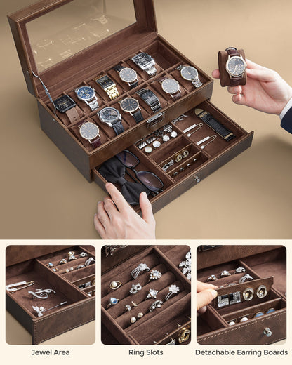 Watch Box Organizer: 12-Slot Lockable Case with Glass Lid