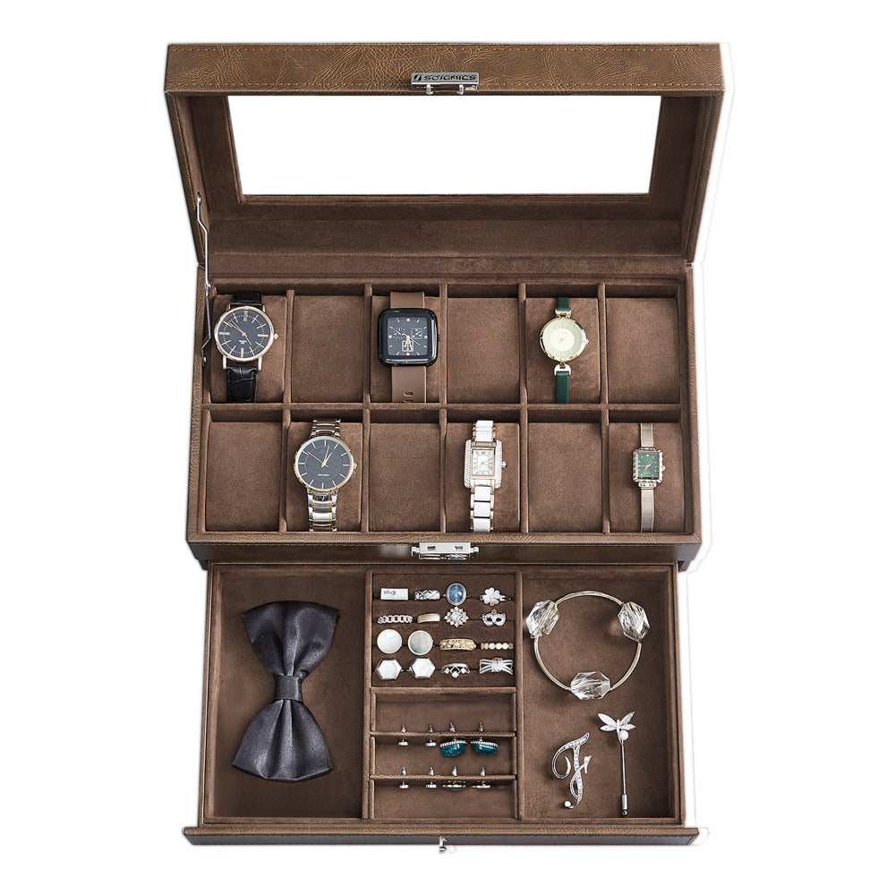 Watch Box Organizer: 12-Slot Lockable Case with Glass Lid