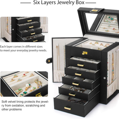 Jewelry Box Organizer with Mirror - 5+1 Drawers, Faux Leather