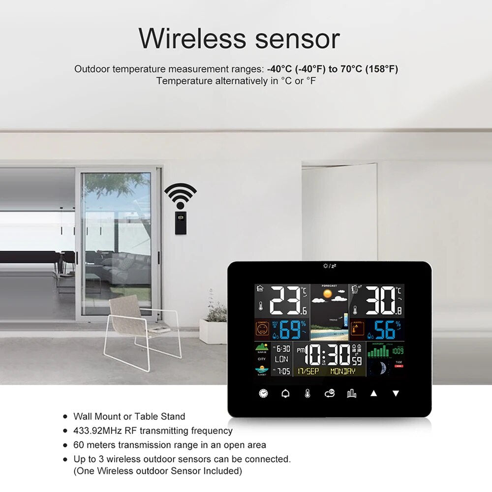 Weather Station Alarm Clock Thermometer Hygrometer Touch Screen Wireless Sensor 