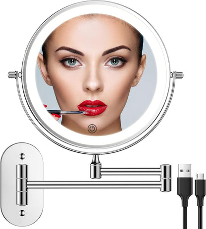 Rechargeable Wall-Mounted Makeup Mirror with Light – 1X/10X Magnification