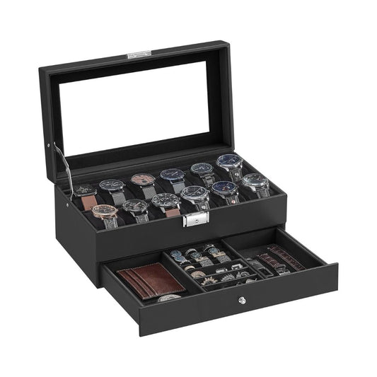 12-Slot Watch Box Organizer with Glass Lid & Lock – 2-Layer Storage